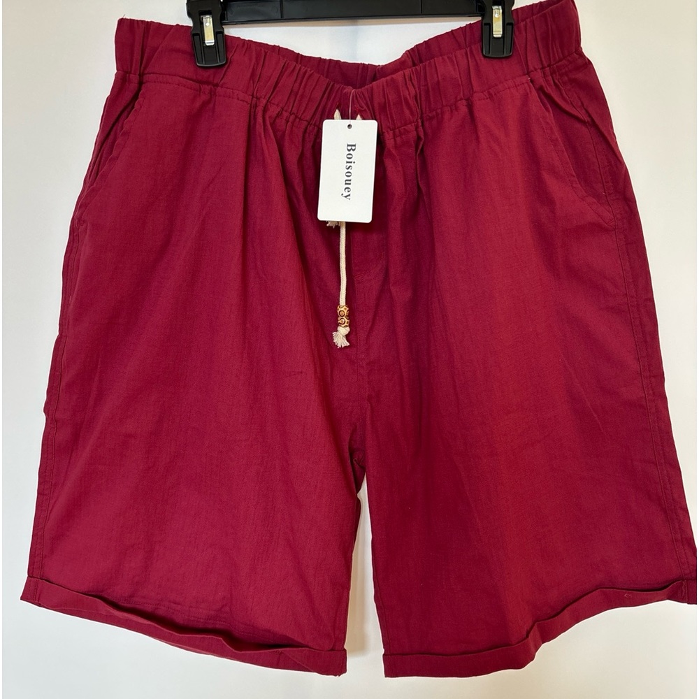 Boisouey Men's Linen Casual Classic Fit Short Summer Beach Shorts Wine Red 3XL